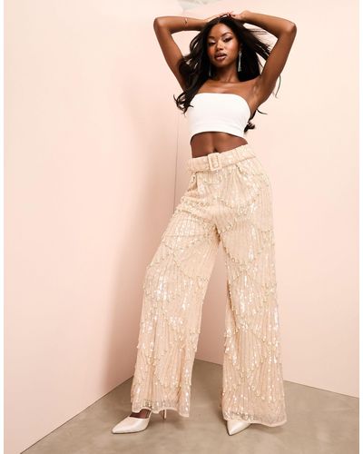 ASOS Pearl Embellished Wide Leg Belted Trousers - Natural