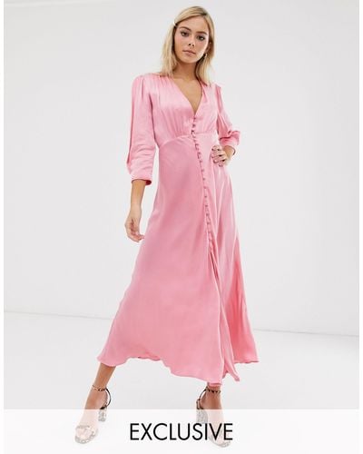 Ghost Exclusive Maddison Button Front Satin Midi Dress - Pink