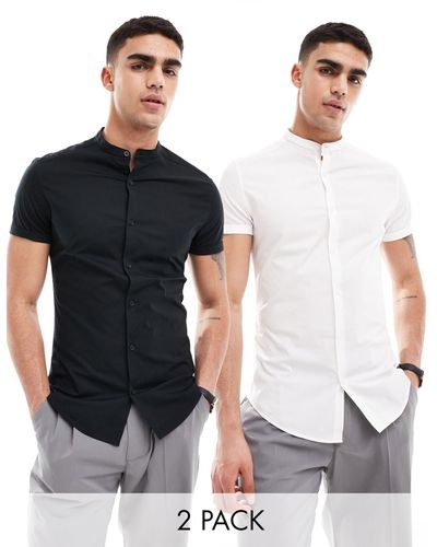 ASOS 2 Pack Skinny Fit Grandad Collar Shirt With Roll Sleeves - Multicolour
