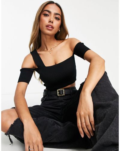 Miss Selfridge Knit Rib Asym Short Sleeve Top - Black