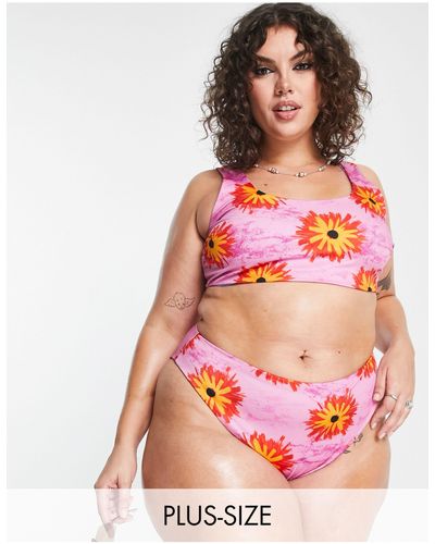 Collusion Plus Flower Print Reversible High Waist Bikini Bottom - Pink