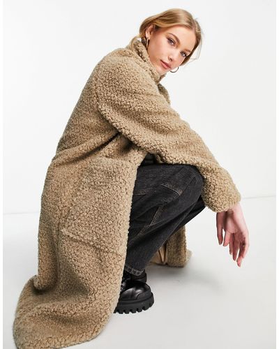 SELECTED Femme Teddy Longline Coat With Oversized Pockets And Funnel Neck - Brown