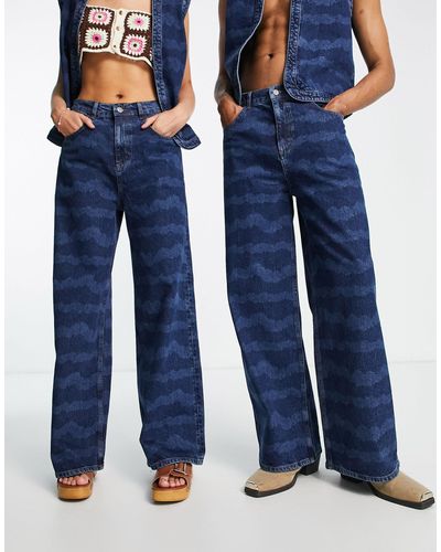 Reclaimed (vintage) Jeans larghi unisex stile anni '00 con stampa a onde - Blu