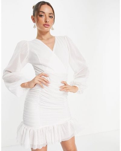 Trendyol Wrap Front Mini Dress With Mesh Balloon Sleeves - White