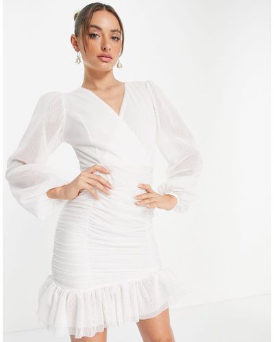 Trendyol Mini-jurk Met Overslag Voor En Ballonmouwen Van Mesh - Wit