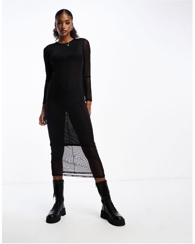 Monki Long Sleeve Mesh Midi Dress - Black