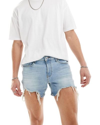 ASOS Short Length Skinny Denim Shorts With Heavy Ripped Hem - Blue