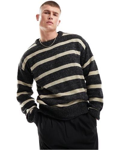 ADPT Oversized Sweater With Beige Stripes - Black