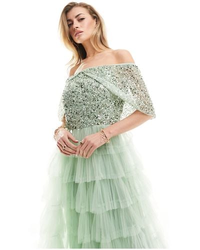 Beauut Bridesmaid Embellished Off Shoulder Tiered Maxi Dress - Green
