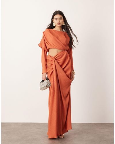 ASOS Premium Plisse Long Sleeve Drapey Maxi Dress - Orange