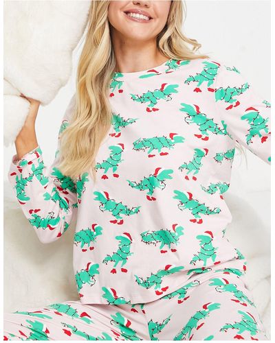 Pieces Kerstmis - Pyjamaset Van Top En legging Met Groene Dinosaurusprint - Blauw
