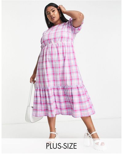 Simply Be Tiered Check Midi Smock Dress - Pink