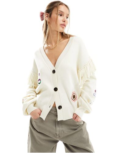 Never Fully Dressed Embroidered Fringe Sleeve Knitted Cardigan - White