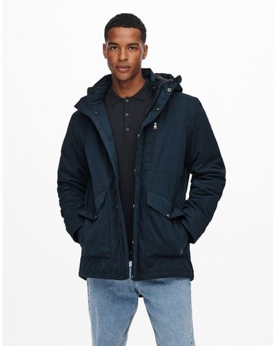 Only & Sons Premium Padded Parka With Hood - Blue