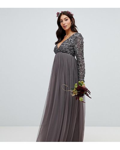 Maya long sleeve wrap front maxi dress with delicate sequin and tulle skirt in charcoal cheap