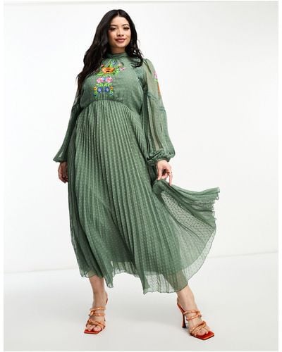 ASOS Asos Design Curve Pleated Lace Insert Embroidered Maxi Dress - Green
