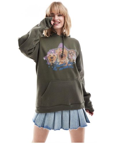 Minga London Oversized Hoodie With Cute Dogs Graphic - Green