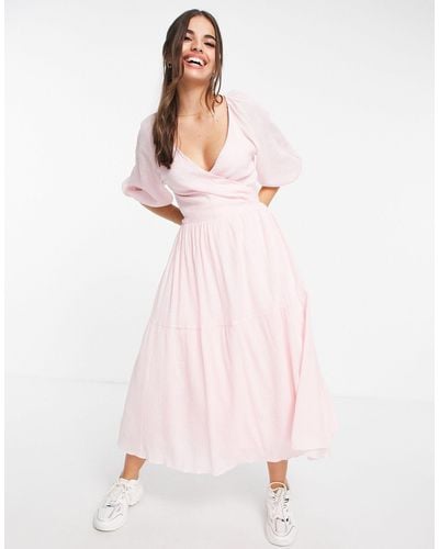 Forever New Balloon Sleeve Smock Tiered Midi Dress - Pink