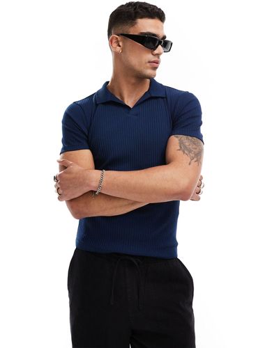 ASOS Muscle Fit Ribbed Revere Polo - Blue
