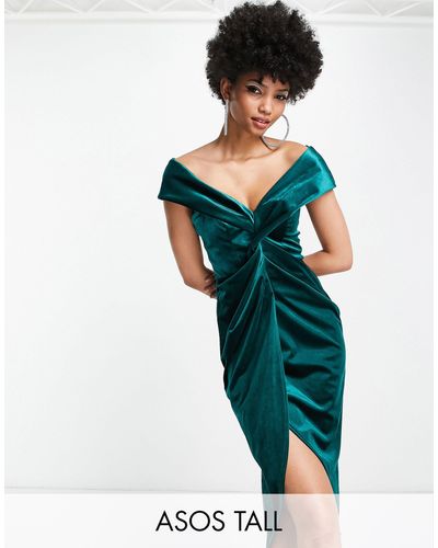 ASOS Asos Design Tall Off Shoulder Twist Front Wrap Velvet Midi Dress - Green