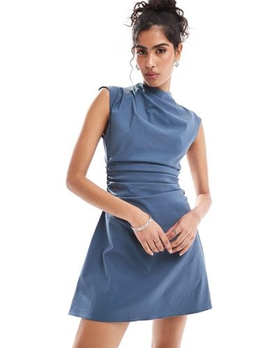 ASOS Bengaline High Neck Sleeveless Mini Dress With Ruching Detail - Blue
