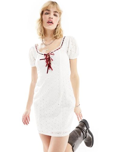 Daisy Street Lace Mini Milkmaid Dress With Red Ribbon Detail - White