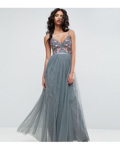 Needle & Thread Whisper Embroidered Tulle Maxi Dress - Green