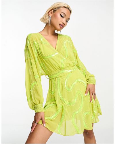 ASOS Rouleaux Loop Tie Waist Mini Dress With Swirl Embellishment - Green