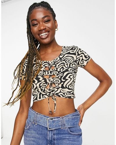 Monki Crop Top With Cut Outs And Drawstring Front - Multicolor