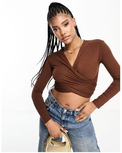 ASOS Cross Over Off Shoulder Bardot Top With Long Sleeve - Blue