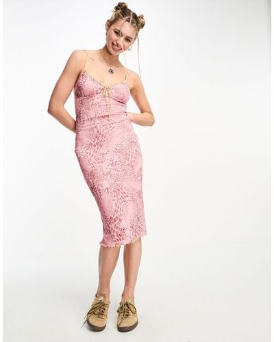 Collusion Tie Detail Printed Midi Summer Dress - Pink