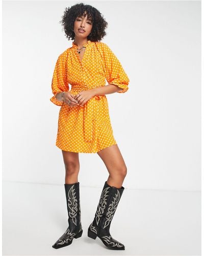 Vero Moda Long Sleeve V Neck Mini Dress With Shirred Cuffs And High Neck - Orange