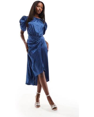 AX Paris Satin Puff Sleeve Drape Detail Midi Dress - Blue