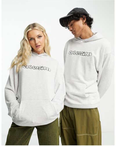 Collusion Unisex Hoodie With Embroidered Logo Smile Print - White