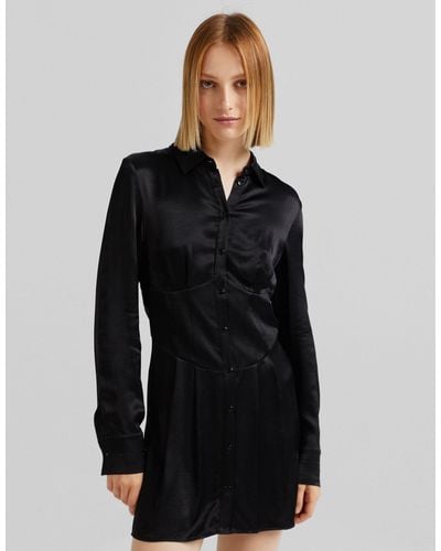 Bershka Corset Detail Satin Shirt Dress - Black