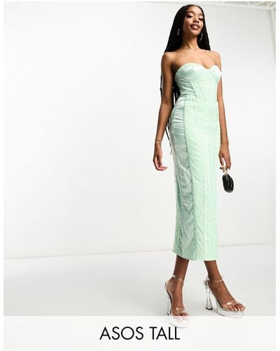 ASOS Asos Design Tall Bandeau Mesh Ruched Midi Dress With Satin Insert - Green