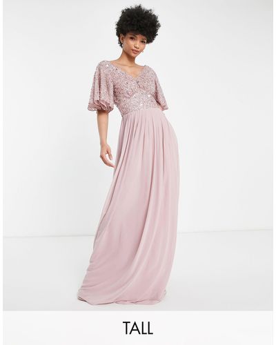 Beauut Tall Bridesmaid Emellished Bodice Maxi Dress With Flutter Sleeve - Pink