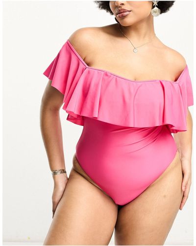 Brave Soul Plus Off Shoulder Swimsuit - Pink