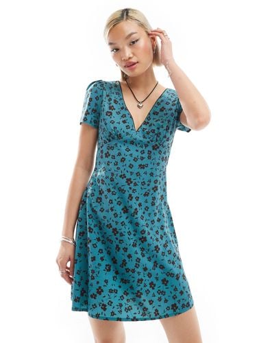 Glamorous V Neck Short Sleeve Mini Tea Dress - Blue