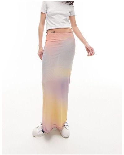 TOPSHOP Mesh Pastel Blurred Printed Picot Trim Midi Skirt - White