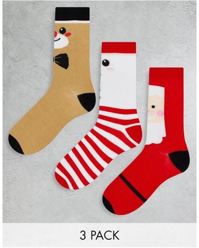 Brave Soul Christmas 3-pack Santa Snowman Socks - Red