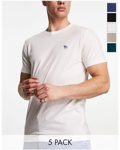 Abercrombie & Fitch Icon - confezione da 5 t-shirt nera/blu/verde/beige/bianca con logo - Bianco