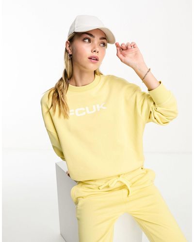 French Connection Fcuk Crew Neck Sweatshirt Co-ord With White Logo - Yellow
