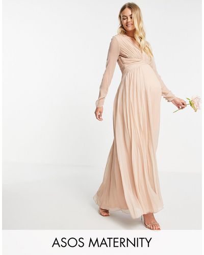 ASOS Asos Design Maternity - Lange Bruidsmeisjesjurk Met Lange Mouwen, Aangerimpelde Taille En Geplooide Rok - Meerkleurig