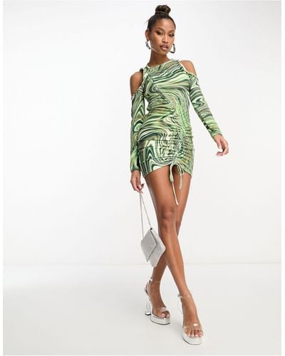 Rebellious Fashion Cold Shoulder Ruched Mini Dress - Green