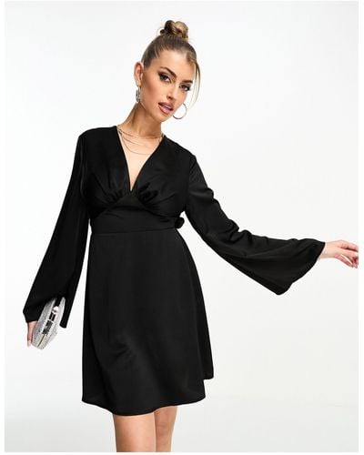 Flounce London Satin Wide Sleeve Mini Dress - Black