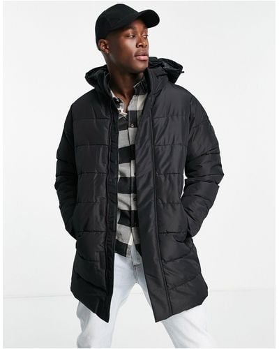 Only & Sons Waterproof Longline Puffer Coat With Hood - Black