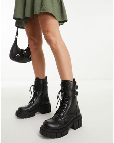 Glamorous Chunky Combat Ankle Boots - Black