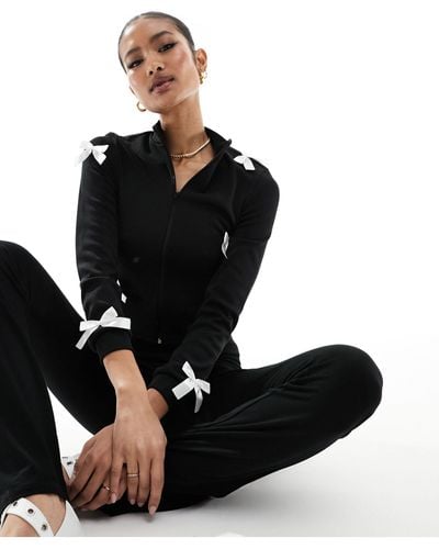 Fashionkilla Ribbed Zip Through Contrast Bow Detail Jumper - Black