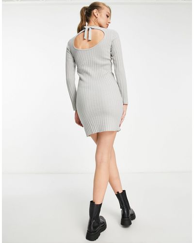 Pieces Ribbed Dress With Back Cut Out Detail - Gray